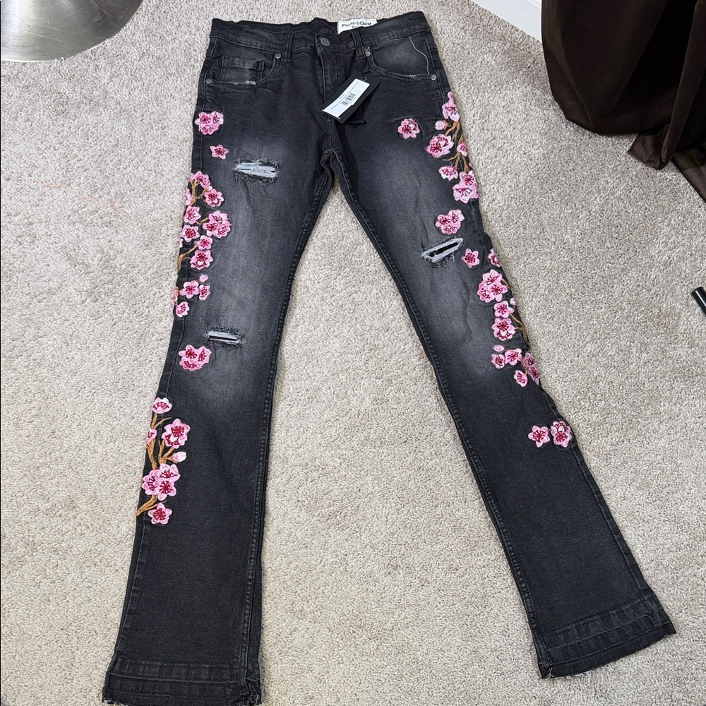 Kids Black Jeans with Pink Floral Embroidery